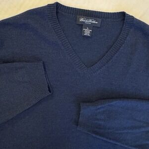 Brooks Brothers Sweater Men Large Blue Merino Wool Blend Stretch V-Neck Pullover